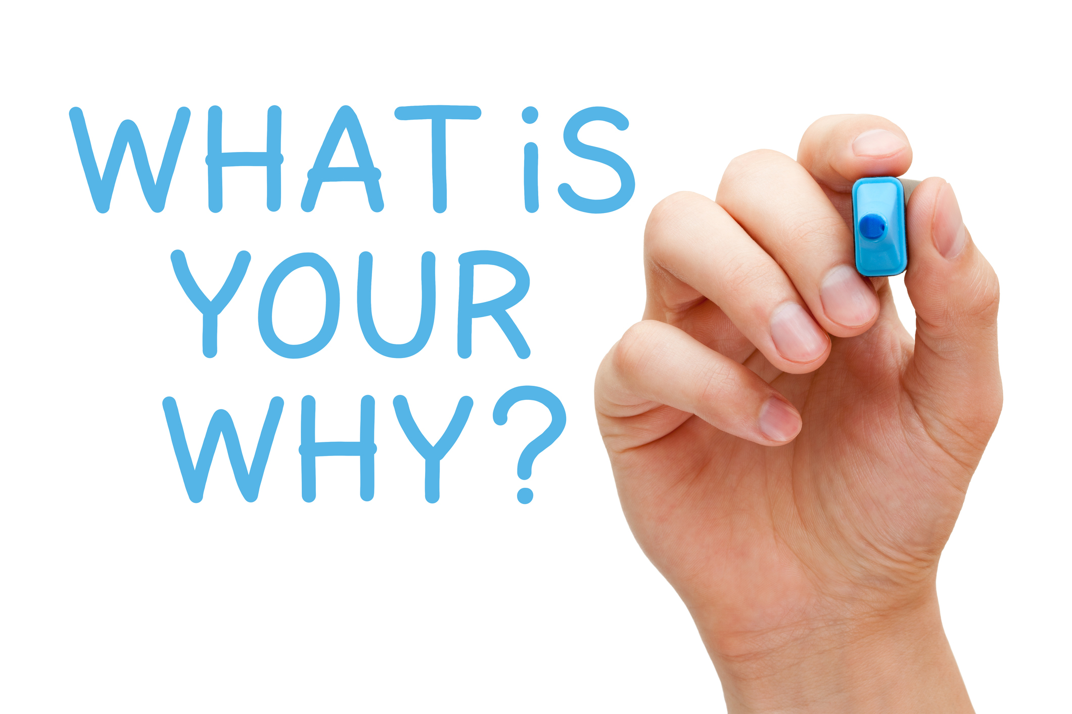 Hand writing a question What Is Your Why with blue marker on transparent wipe board.